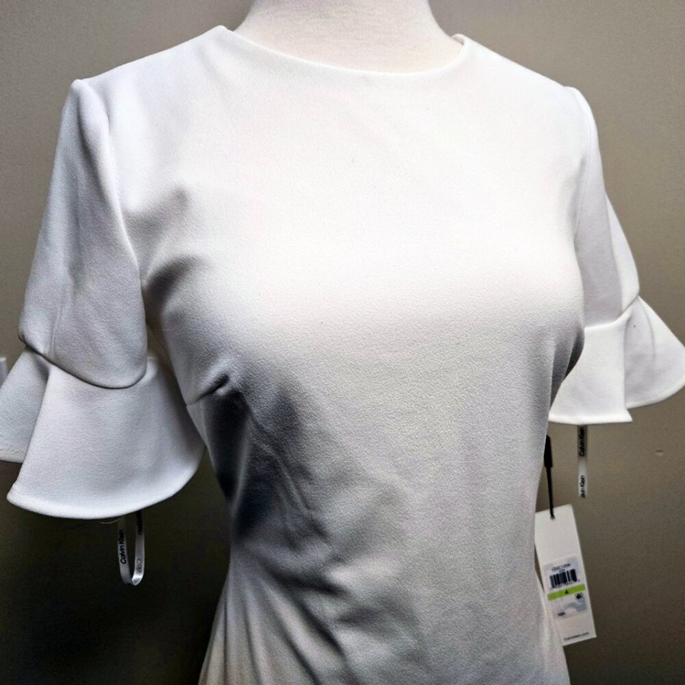 Calvin Klein White Ruffle Sleeves Sheath Dress